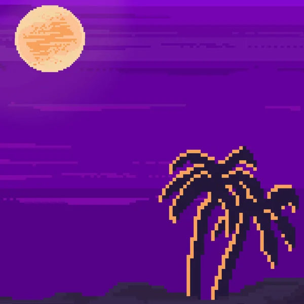 Pixel Arte Fundo Retro Futurista Paisagem Estilo 1980 Palmas Sol — Vetor de Stock