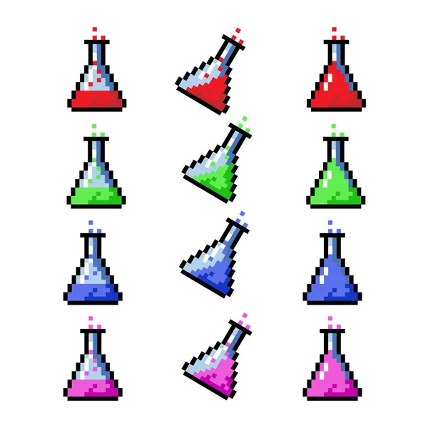 Набор Бутылок Зелья Флакон Пиксельный Стиль Искусства Пиксельная Бутылка Зелья — стоковый вектор