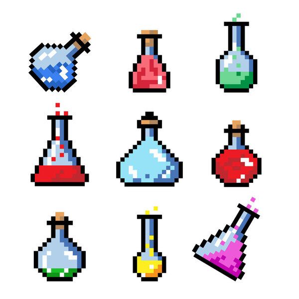 Набор бутылок зелья флакон, пиксельный стиль искусства. Пиксельная бутылка зелья для игр и веб-сайтов. Вектор изолирован. 8 bit
