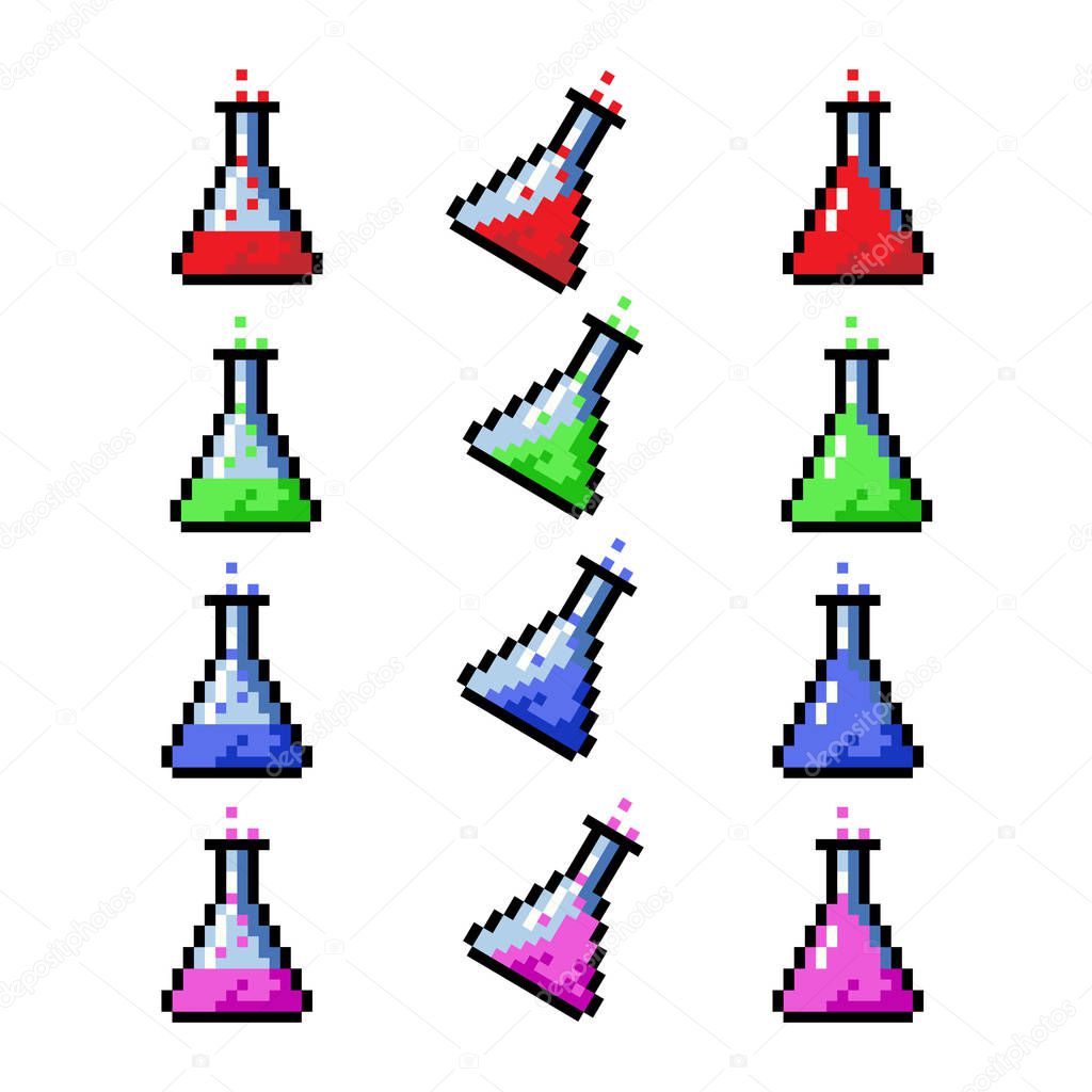 Set of potion bottles phial vial, pixel art style. Pixel bottle of potion for games and websites. Vector isolated. 8 bit