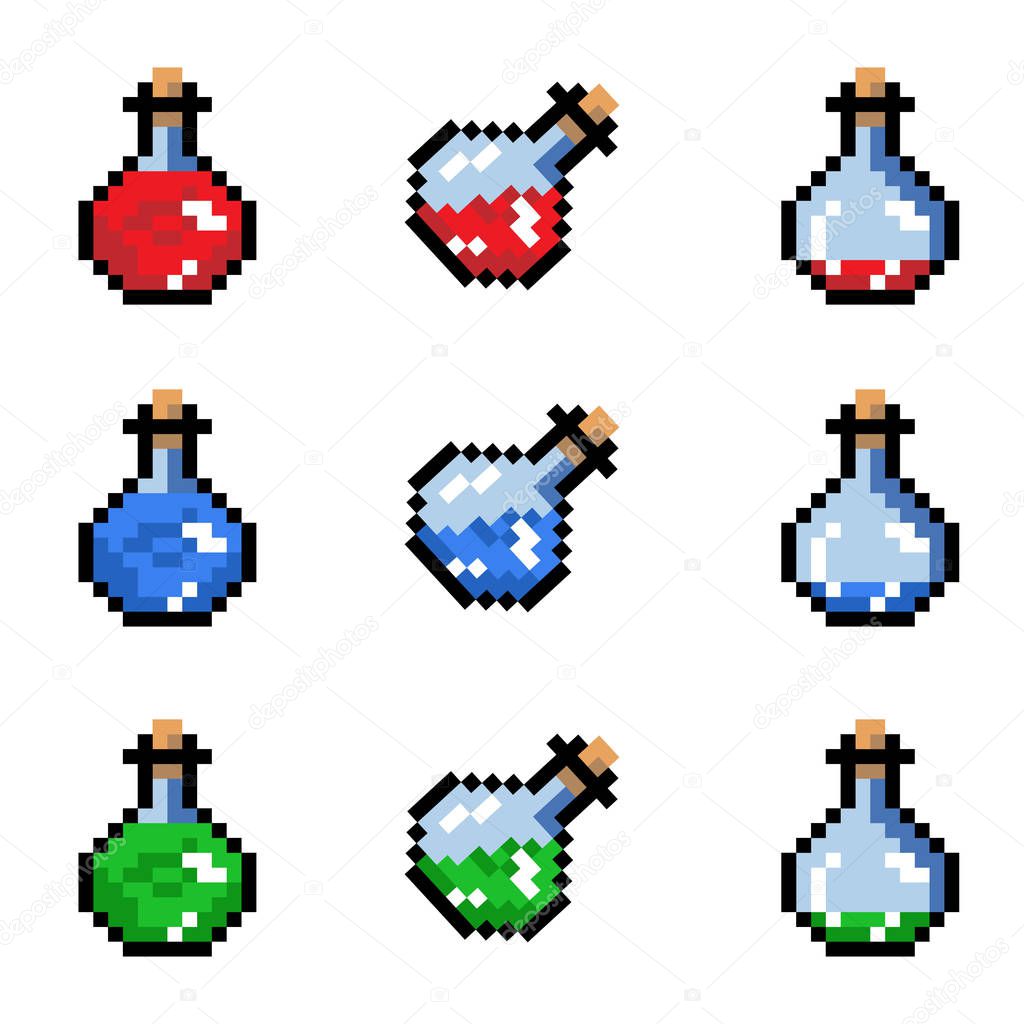 Set of potion bottles phial vial, pixel art style. Pixel bottle of potion for games and websites. Vector isolated. 8 bit