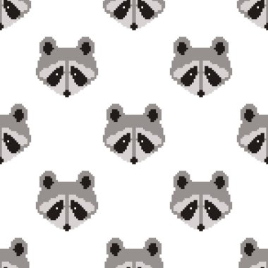 Düz grafik sorunsuz Rakun desende. Rakun illüstrasyon vektör. Piksel sanat. 8 bit
