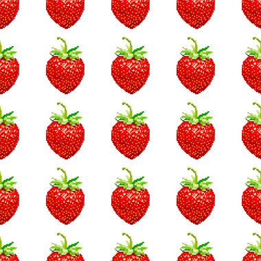 İzometrik çilek sorunsuz arka plan. Vektör çizim piksel-sanat tarzı beyaz arka plan üzerinde. 8 bit