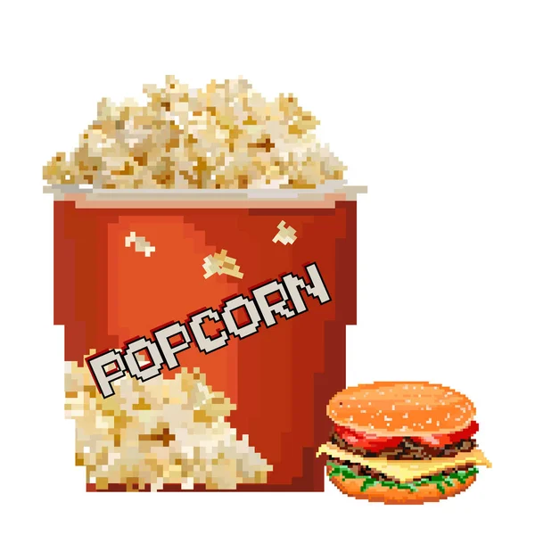 Popcorn Pictogram Pixel Art Stijl Fast Food Bioscoop Bit Geïsoleerde — Stockvector