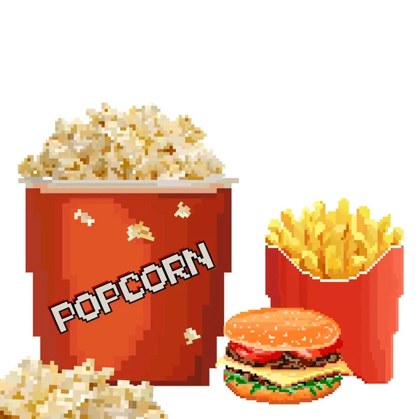 Popcorn Icon Pixel Art Style Fast Food Cinema Bit Isolated — Stock Vector
