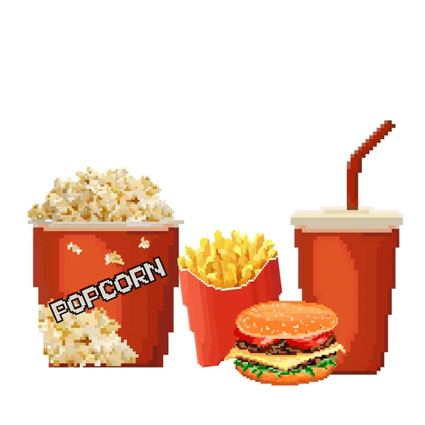 Patlamış mısır simgesi. Piksel sanat tarzı. Fast food sinemada. 8-bit. Vektör illüstrasyon izole. Eski okul bilgisayar grafik stili. Oyun elemanları.