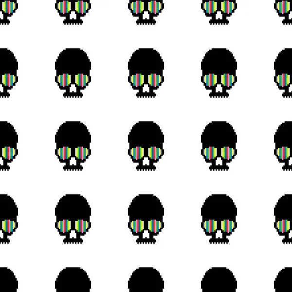 Vector Pixel Art Skull Texture Seamless Pattern Skull Bit — Stock Vector