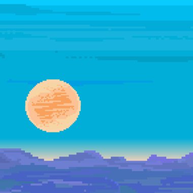 Piksel sanat arka plan, retro gündoğumu veya günbatımı. Piksel oyun için arka plan. 8 bit.