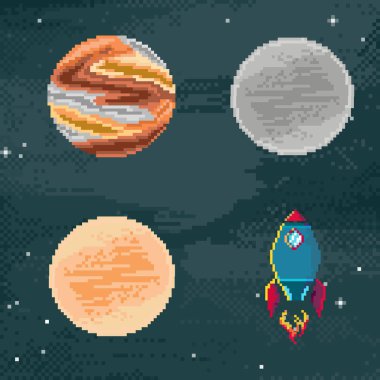 Pixel art icons. Planet, spaceship. Retro game design interface. Pixel art background. 8 bit.  clipart