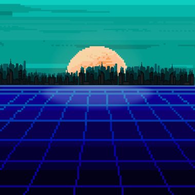 Vektör piksel City. Piksel sanat arka plan. Piksel gündoğumu veya günbatımı. 80s retro Sci-Fi arka plan. Piksel manzarası şehir. 8 bit.