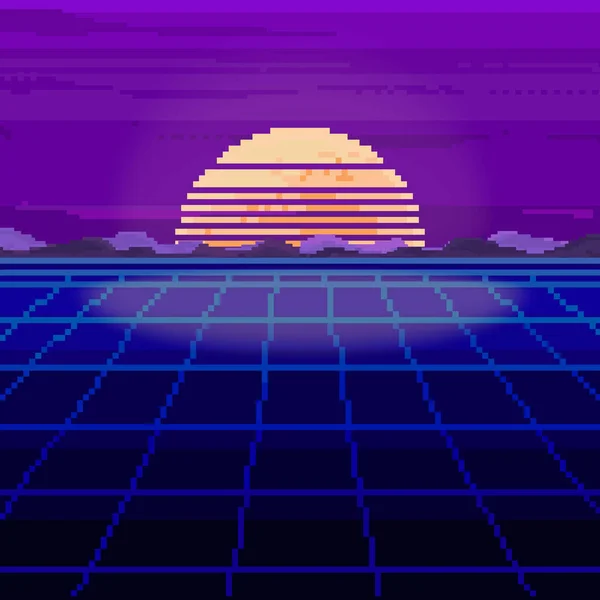 Vektör piksel City. Piksel sanat arka plan. 80s retro Sci-Fi arka plan. Piksel manzarası şehir. 8 bit.