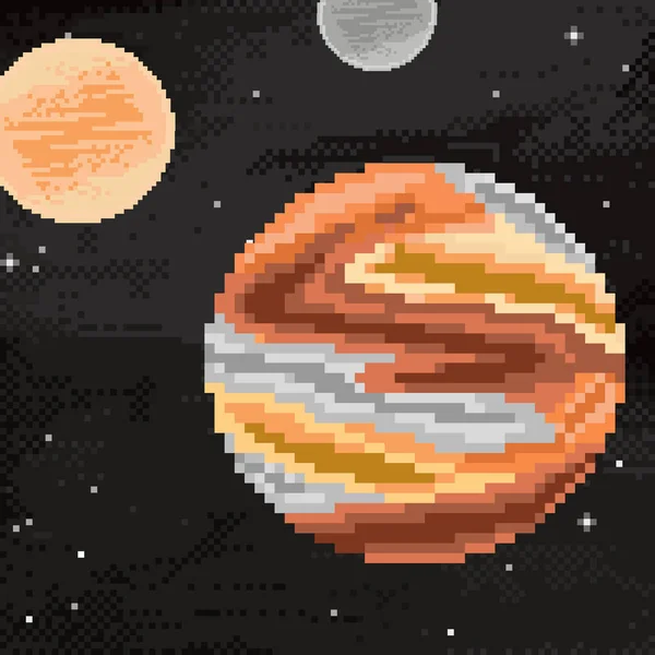Vector Starry Sky Retro Pixel Art Style Planet Jupiter Spaceship — Stock Vector