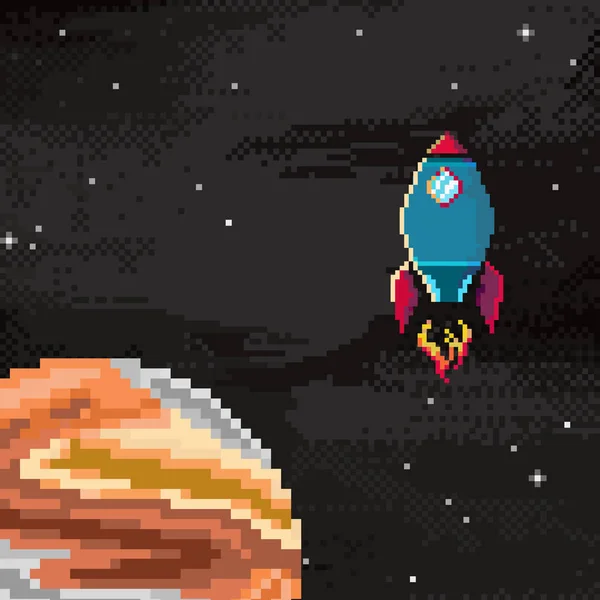 Vector Van Sterrenhemel Retro Pixel Art Stijl Ruimteschip Van Planeet — Stockvector