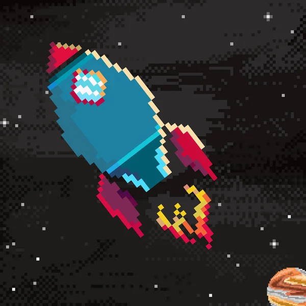 Vector Van Sterrenhemel Retro Pixel Art Stijl Ruimteschip Van Planeet — Stockvector