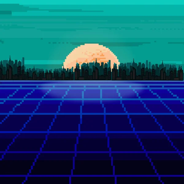 Vektor Der Pixelstadt Pixel Art Hintergrund Pixel Sonnenaufgang Oder Sonnenuntergang — Stockvektor