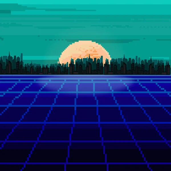 Vetor Pixel City Fundo Arte Pixel Pixel Nascer Pôr Sol — Vetor de Stock