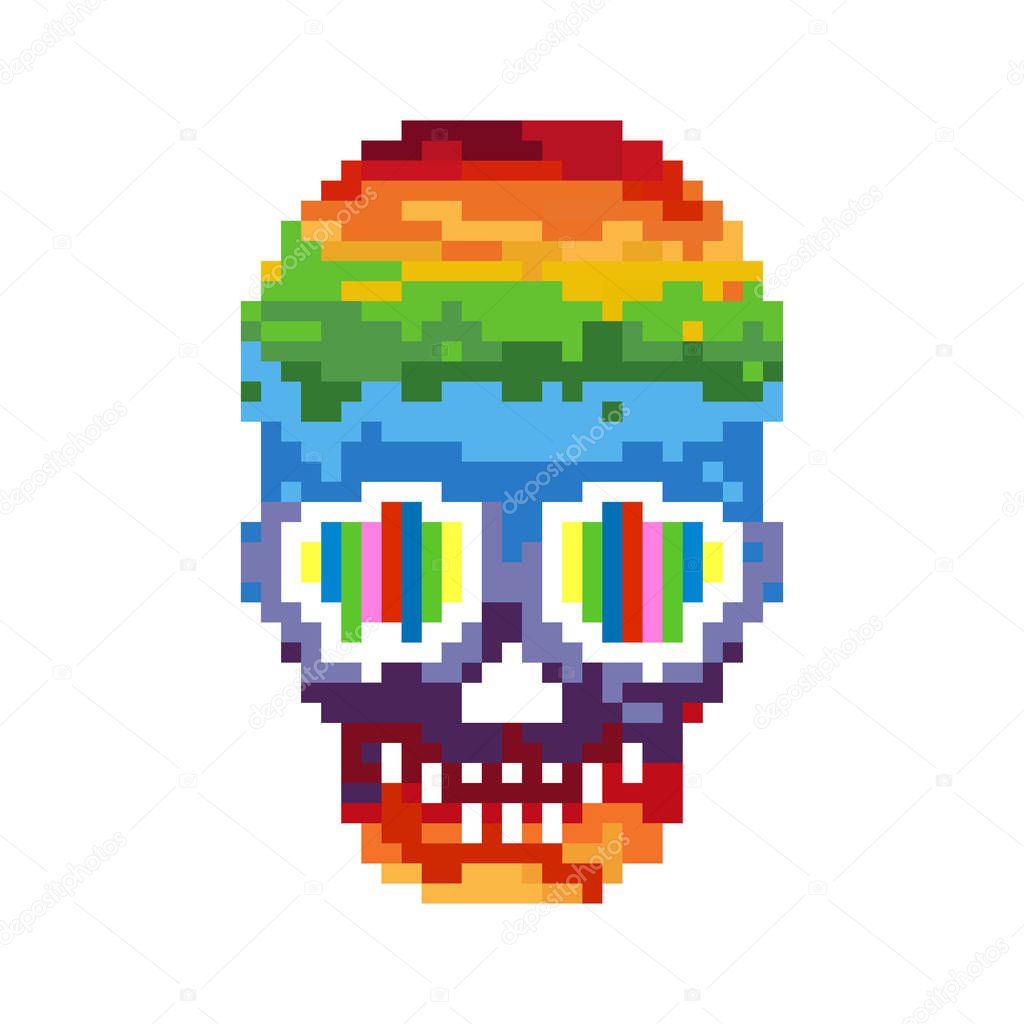 Vector illustration of funny, cute pixel skull. Pixel art. 8 bit. 