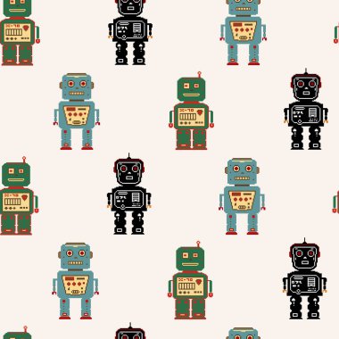 Piksel sanat vektör robot resmi. Seamless modeli. Retro şirin robot. 8 bit. 