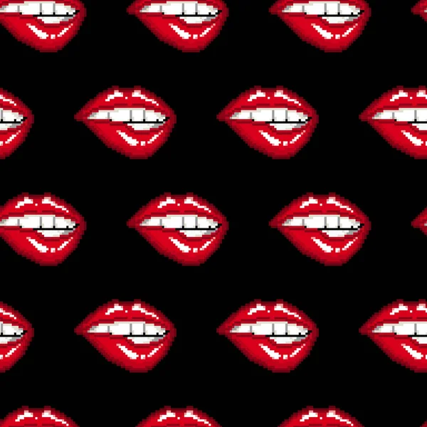 Векторні Ілюстрації Жінки Червоні Губи Чорному Тлі Безшовні Візерунки Піксельне — стоковий вектор