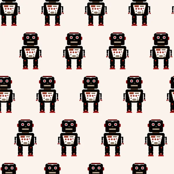 Illustration of pixel art vector robot. Seamless pattern. Retro cute robot. 8 bit.