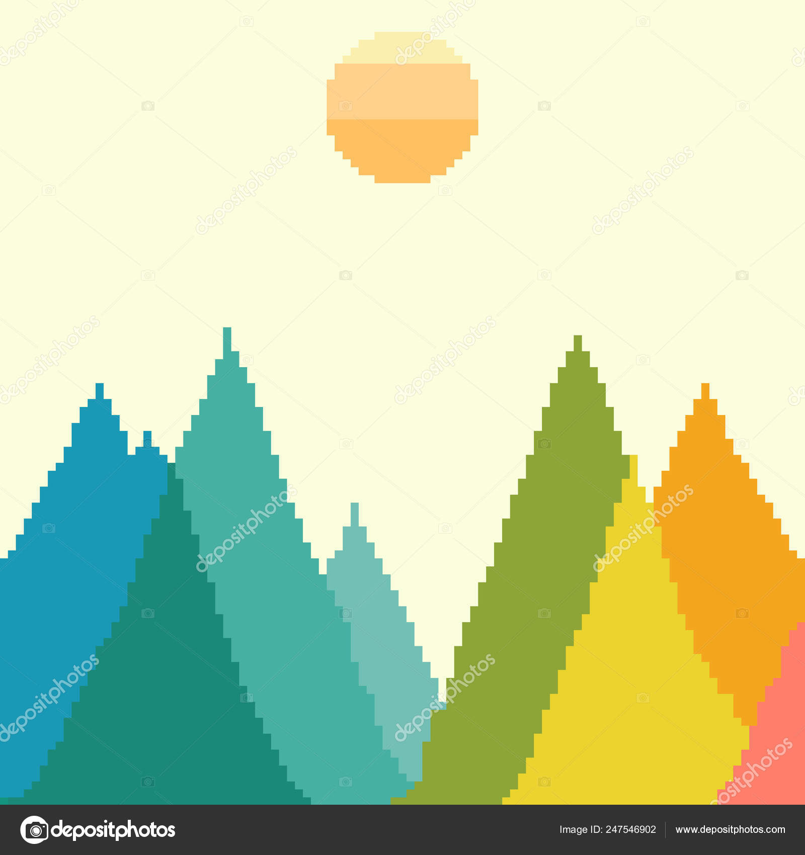 Pôr do sol de pixel na ilustração vetorial de montanhas