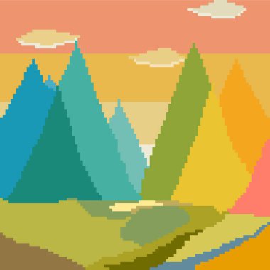 Vektör dağ manzarası, güneş, bulutlar. Piksel sanat. 8 bit. illüstrasyon kart, poster, afiş için.