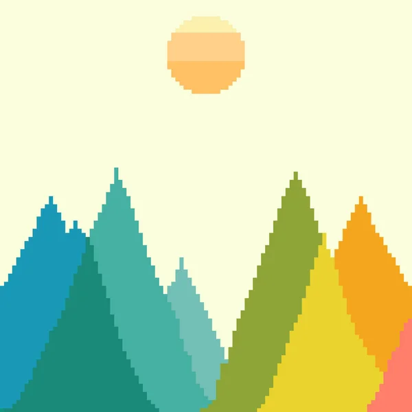 Vector Paisaje Montaña Sol Nubes Pixel Art Bits Ilustración Para — Archivo Imágenes Vectoriales