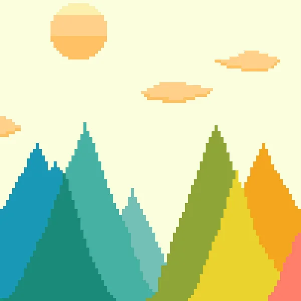 Vector Mountain Landscape Sun Clouds Pixel Art 8Bit Illustration Cards — Stock Vector