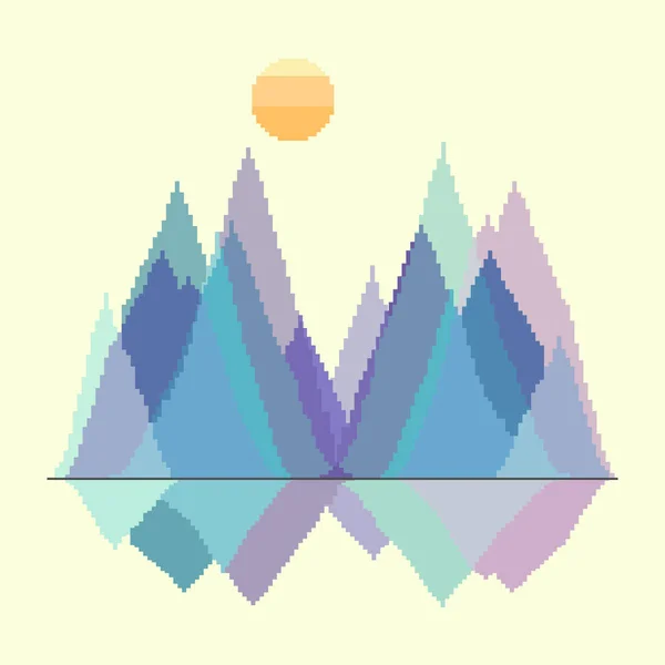 Vector Paisaje Montaña Sol Nubes Pixel Art Bits Ilustración Para — Archivo Imágenes Vectoriales