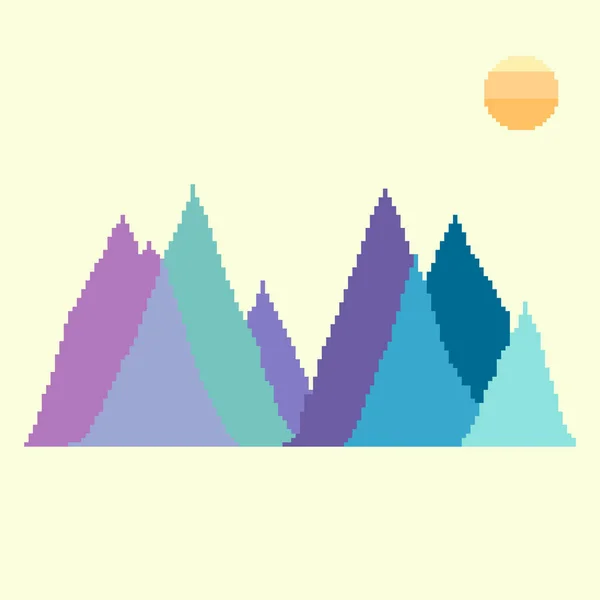 Wektor Górski Krajobraz Słońce Chmury Sztuka Piksela Bitowy Ilustracja Kart — Wektor stockowy