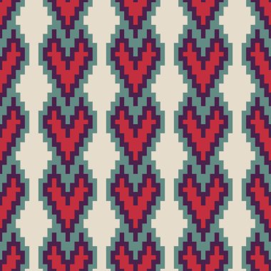 Dikişsiz dekoratif etnik desen, piksel sanat tarzı. 8 bit. Kalpler. Kumaş ve baskı için tasarımlar. 