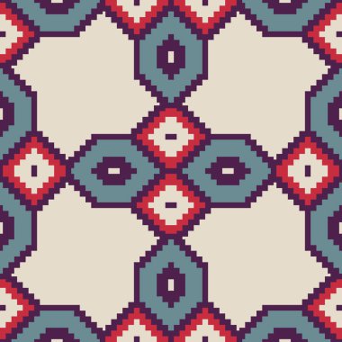 Dikişsiz dekoratif etnik desen, piksel sanat tarzı. 8 bit. Kumaş ve baskı için tasarımlar. 