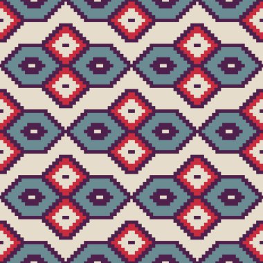 Dikişsiz dekoratif etnik desen, piksel sanat tarzı. 8 bit. Kumaş ve baskı için tasarımlar. 