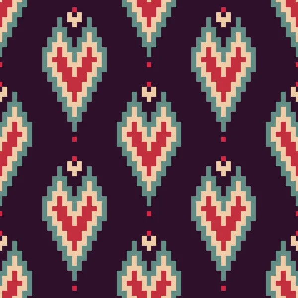 Nahtlose Dekorative Ethnische Muster Pixel Art Stil Bit Herzen Designs — Stockvektor