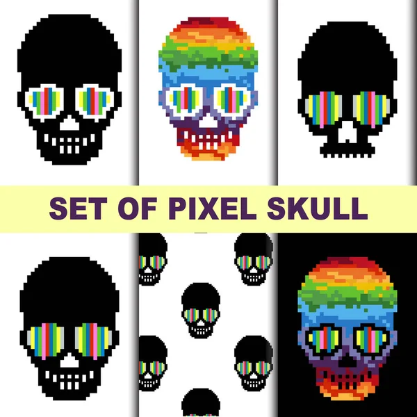 Set Pixel Art Skull Pixel Art Seamless Pattern Bit Set — Stock Vector
