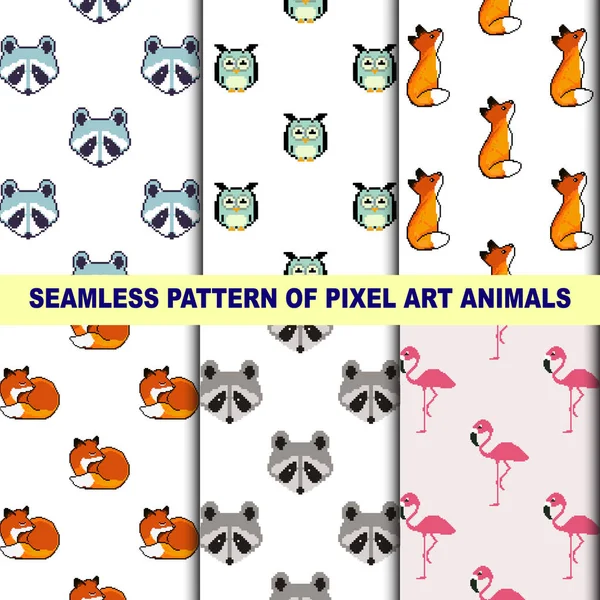 Conjunto Vectorial Lindos Animales Píxeles Pixel Arte Patrón Sin Costuras — Vector de stock