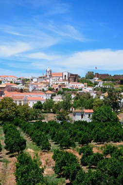 Gotik Katedrali ve arka ve ön plan, Silves, Portekiz, Avrupa'nın meyve bahçeleri için kale beldesi görünümünü.