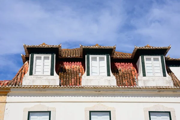Dormer windows on a traditional Portuguese building along the Av Da Republica, Vila Real de Santo Antonio, Algarve, Portugal, Europe.