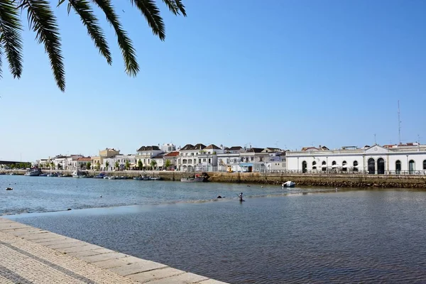 Tavira Portugal Июня 2017 Вид Реку Гилао Городскими Зданиями Задней — стоковое фото