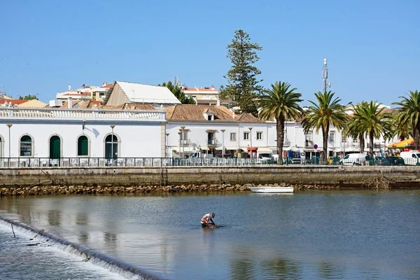 Tavira Portugal Juni 2017 Man Fishing Gilao River Town Buildings — Stockfoto