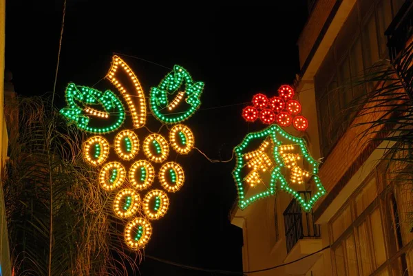 ホリーとブドウのクリスマスライトの装飾は、夜に通りを横切って中断しました, フエンヒローラ, スペイン. — ストック写真