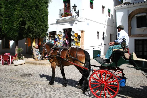 Carruagem puxada a cavalo com uma loja de presentes na parte traseira da cidade velha, Ronda, Espanha . — Fotografia de Stock
