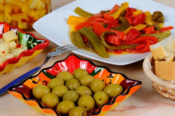 Selection Tapas Including Green Olives Mixed Peppers Manchego Cheese Chillies — Stock Photo, Image