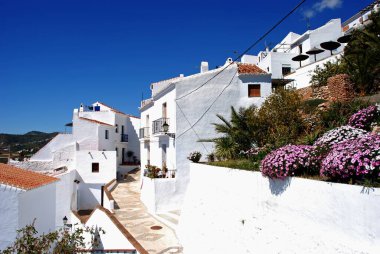 Beyazların yıkadığı bir köy olan Frigiliana, Malaga, Endülüs, İspanya ve Avrupa 'da tipik bir İspanyol caddesi boyunca manzara.