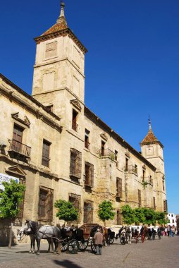 CORDOBA, İspanya - Nisan 01, 2008 - Episcopal Sarayı önplanda at ve at arabalarıyla manzarası, Cordoba, İspanya - Nisan 01, 2008