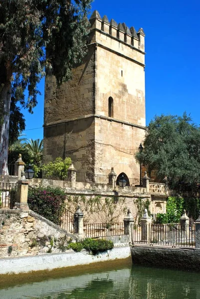 城の塔とキリスト教王 アルカサル レイエス クリスティアーノ の宮殿要塞内の水の庭園の後ろ コルドバ コルドバ州 アンダルシア州 スペイン ヨーロッパ — ストック写真