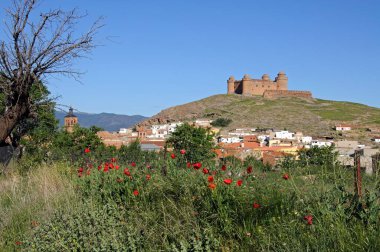 La Calahorra, Granada Eyaleti, Endülüs, İspanya, Avrupa 'da şehir binalarının bulunduğu tepedeki şatonun manzarası.