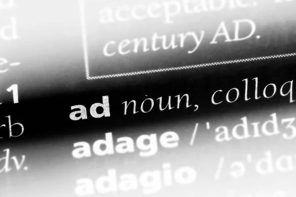 Advertentie Adverteren Woord Een Woordenboek Advertentie Adverteren Concept — Stockfoto