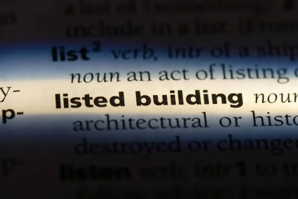 Aufgelistet Bauwort Einem Wörterbuch Denkmalgeschütztes Gebäudekonzept — Stockfoto