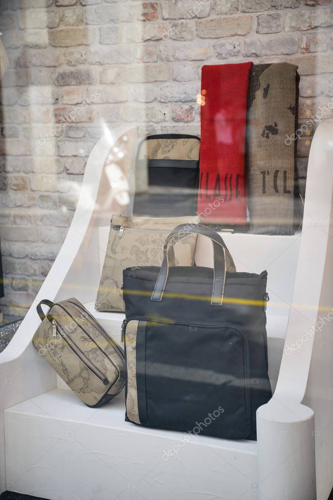 Milan, Italy - September 21, 2018: Alviero Marini 1 Classe store in Milan. Montenapoleone area. Fashion week Alviero Marini 1 Classe shopping.